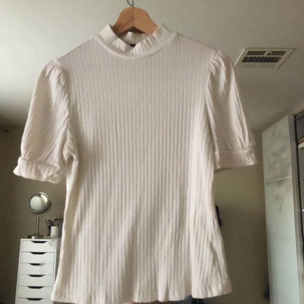 Turtleneck Ribbed Sweater With Puffed Sleeves